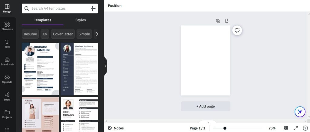 เลือก Template Resume บน Canva